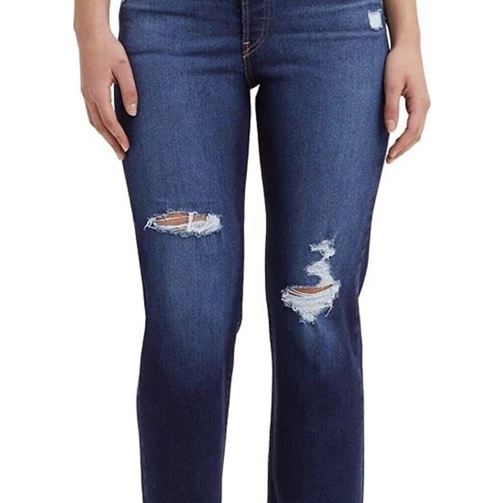 Levi's Ultra High Rise Ribcage Straight Leg Jeans Dark Indigo Destructed Size 27